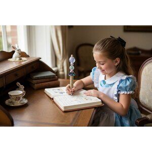 Alice-Inspired Decorative Beaded Writing Pen With Gold Rhinestone Handle & Multi